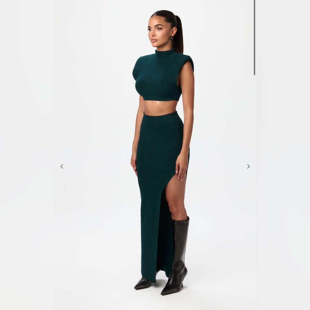 NAKED WARDROBE DEEP TEAL SWEATER SKIRT AND CROP TOP SET